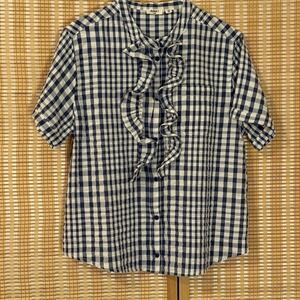 Dylan Womens L Top Blue White Gingham Checkered Button Up Western Cottagecore